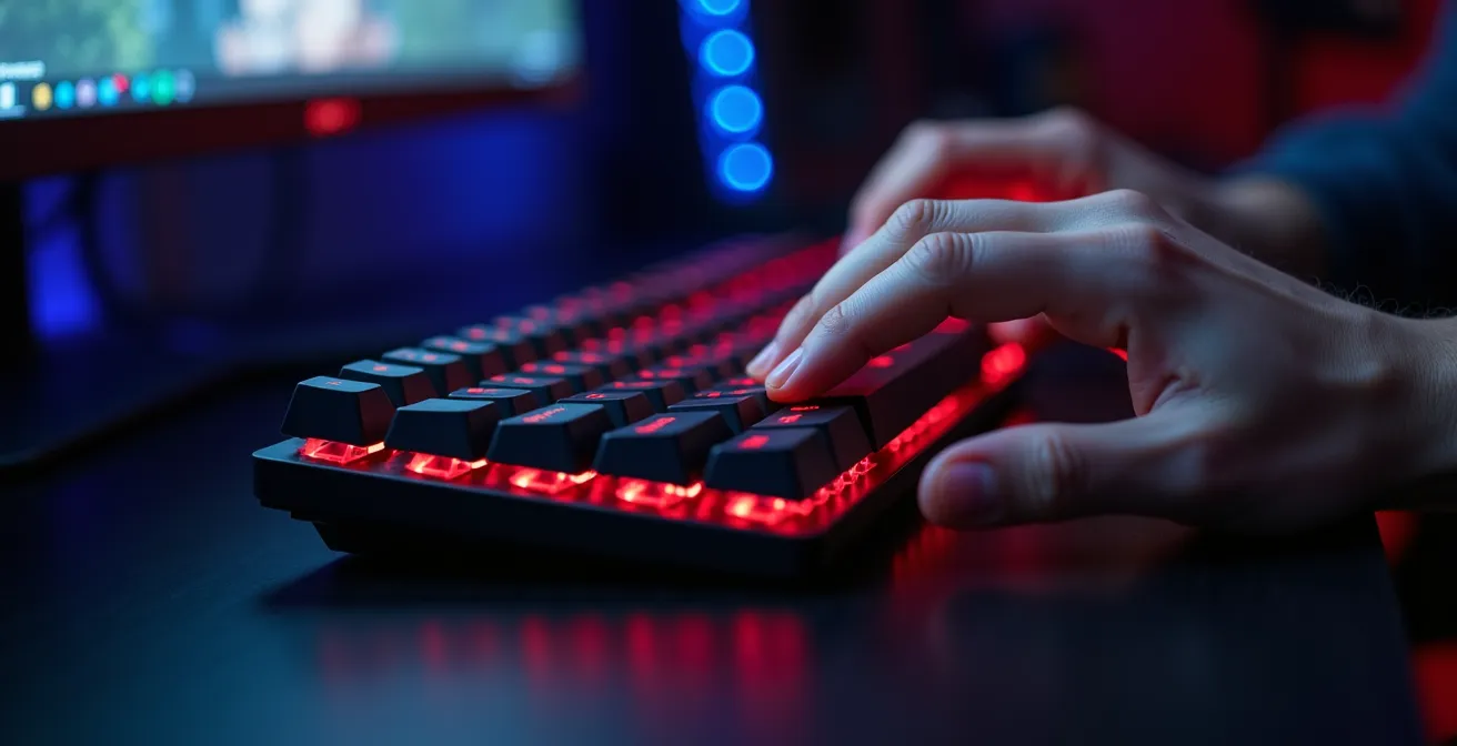 Visualisation conceptuelle du timing de counter-strafing dans Valorant avec mouvement WASD et réactivité clavier magnétique