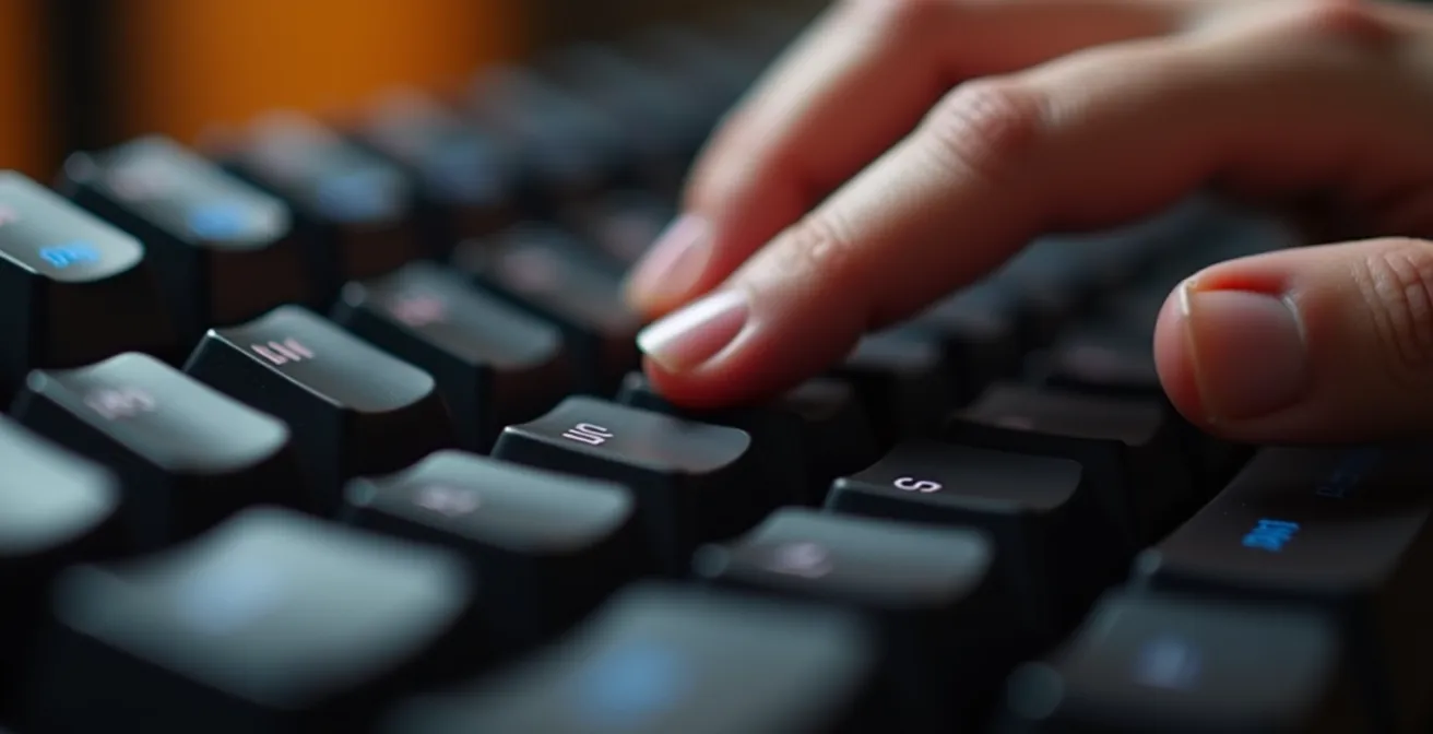 Gros plan photographique sur une main posée naturellement sur un clavier gaming magnétique, montrant la tension musculaire et l'alignement du poignet