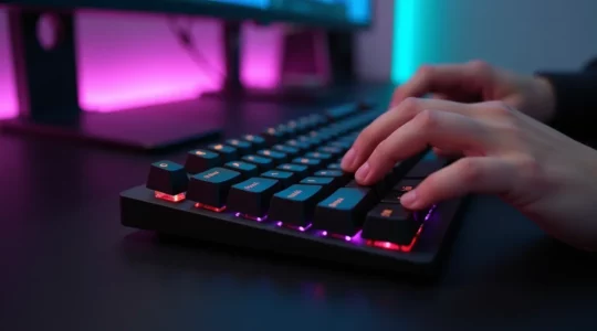 Clavier magnétique gaming moderne sur un bureau d'esports avec éclairage cinématographique