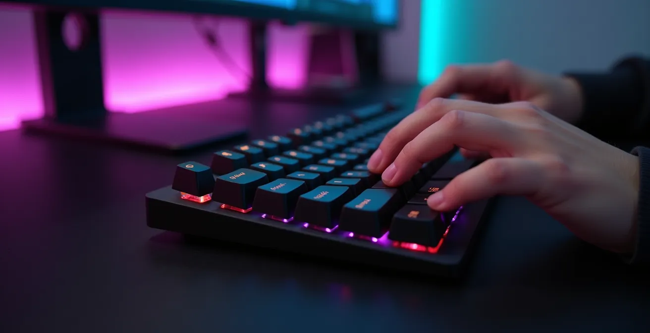 Clavier magnétique gaming moderne sur un bureau d'esports avec éclairage cinématographique
