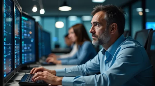 Photographie éditoriale montrant une PME moderne confrontée aux enjeux de sécurité informatique, atmosphère sérieuse sans texte, chiffres ni logos