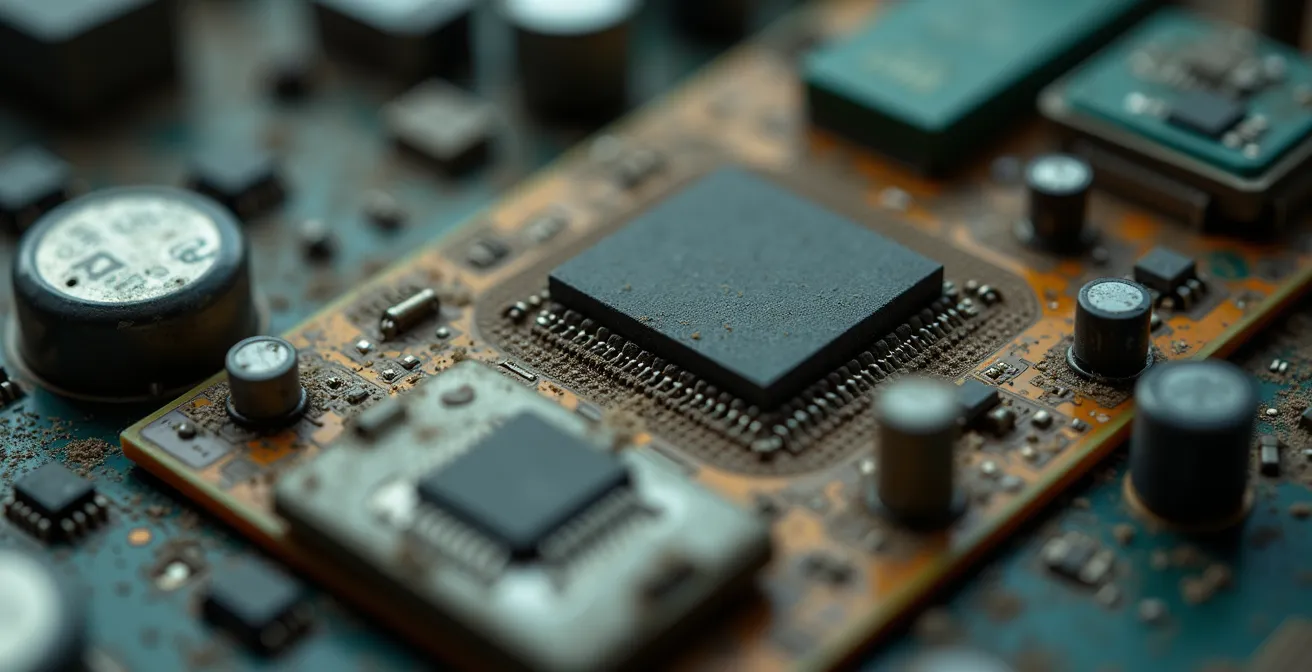 Gros plan sur des composants informatiques anciens, poussière et signes d'usure, textures détaillées sans texte visible