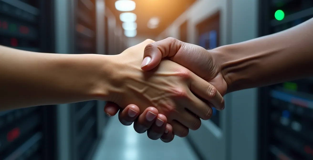 Poignée de main dans un environnement technologique, lumière douce, convergence humaine et numérique sans marque ni texte