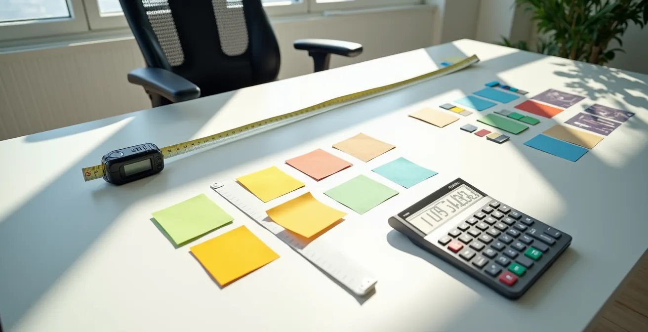 Vue d'ensemble d'un bureau organisé avec outils de mesure et notes de planification