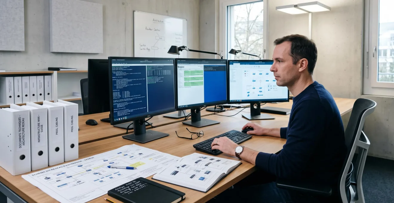 Bureau avec documentation technique réseau, schémas de topologie et écrans de configuration