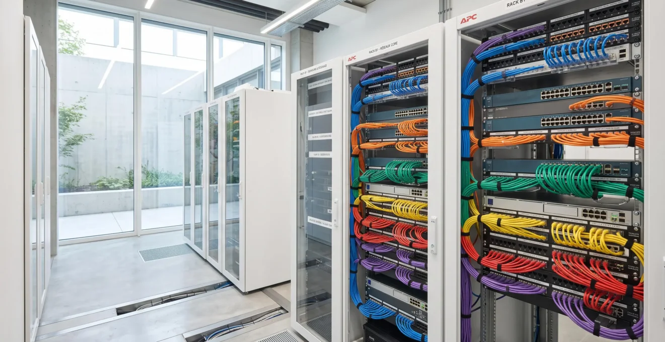 Salle réseau d'entreprise avec switchs et câblage organisé par couleur pour la segmentation VLAN