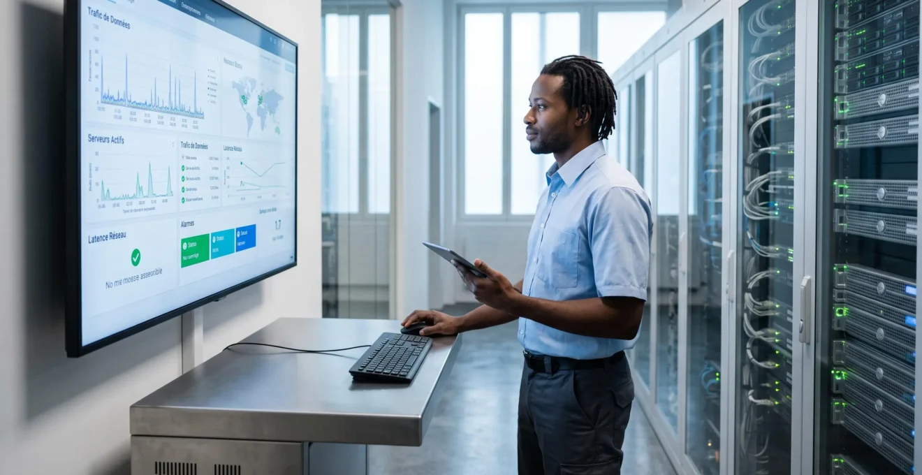 Technicien IT consultant un tableau de bord de supervision réseau dans un centre de données moderne avec racks serveurs organisés