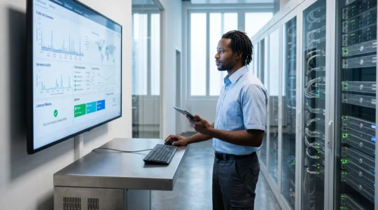 Technicien IT consultant un tableau de bord de supervision réseau dans un centre de données moderne avec racks serveurs organisés