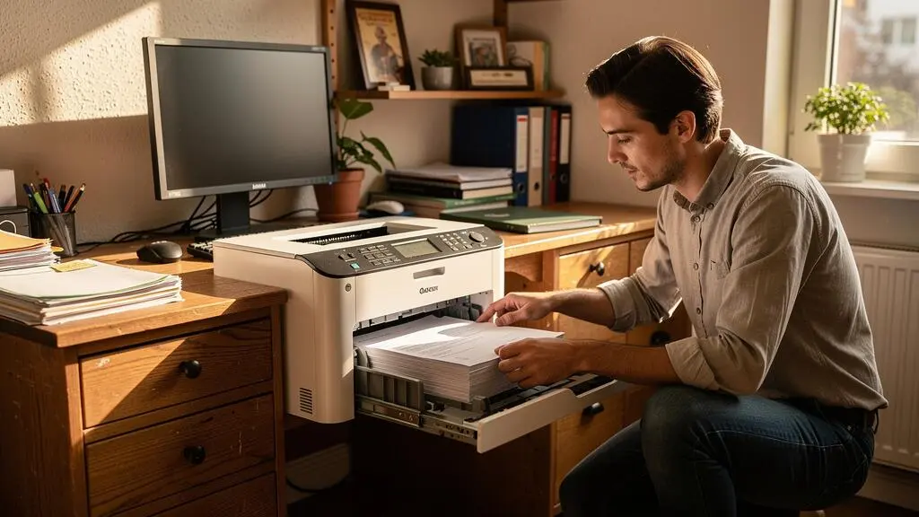 Small business professional loading paper into a compact multifunction laser printer in a home office