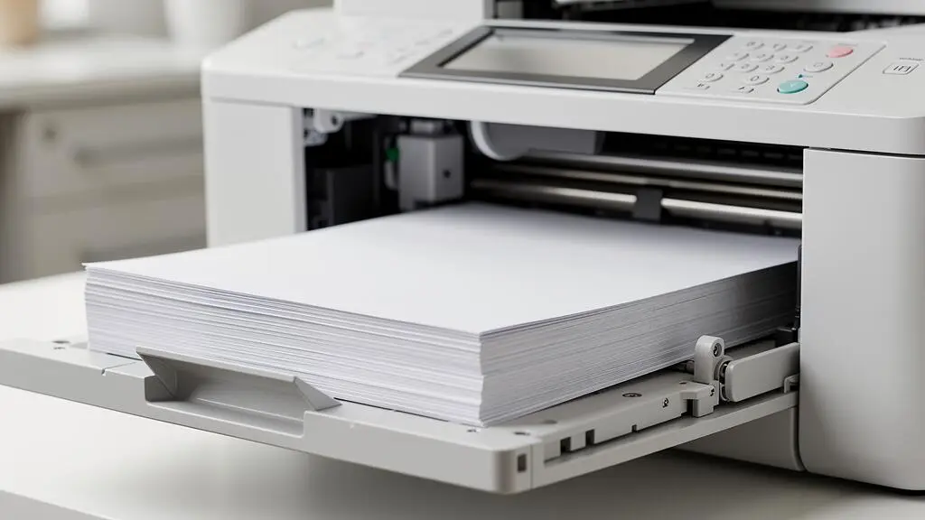 Close-up view of a multifunction laser printer's output tray with printed documents