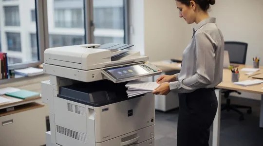 Professional using a multifunction laser printer in a modern office environment