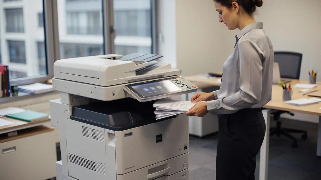 Professional using a multifunction laser printer in a modern office environment
