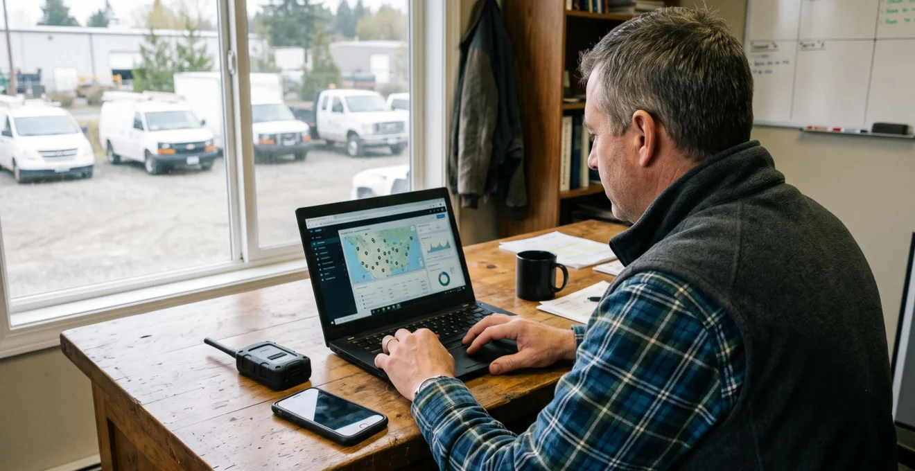 Un responsable de flotte consulte un tableau de supervision de connectivité sur ordinateur portable.