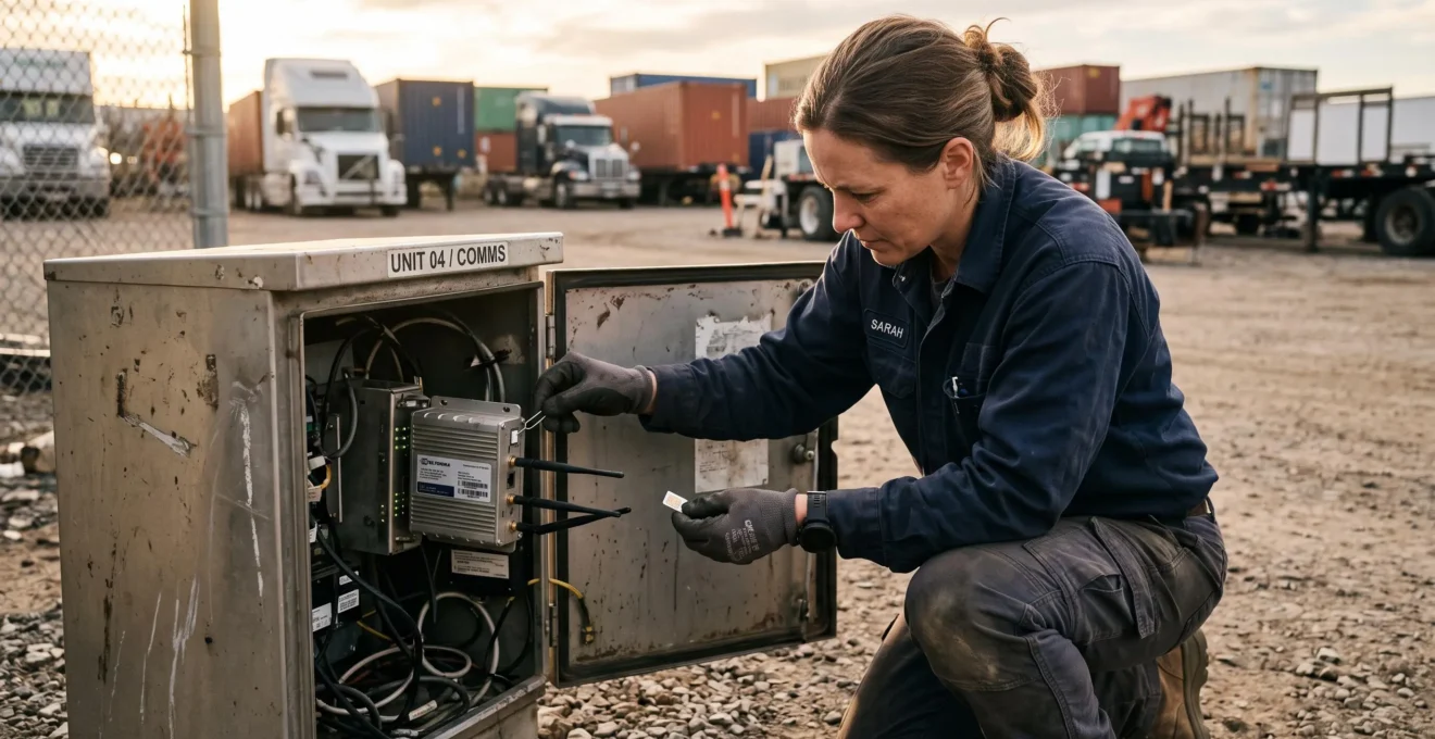 Un technicien change la carte SIM d'un routeur dans un coffret extérieur.