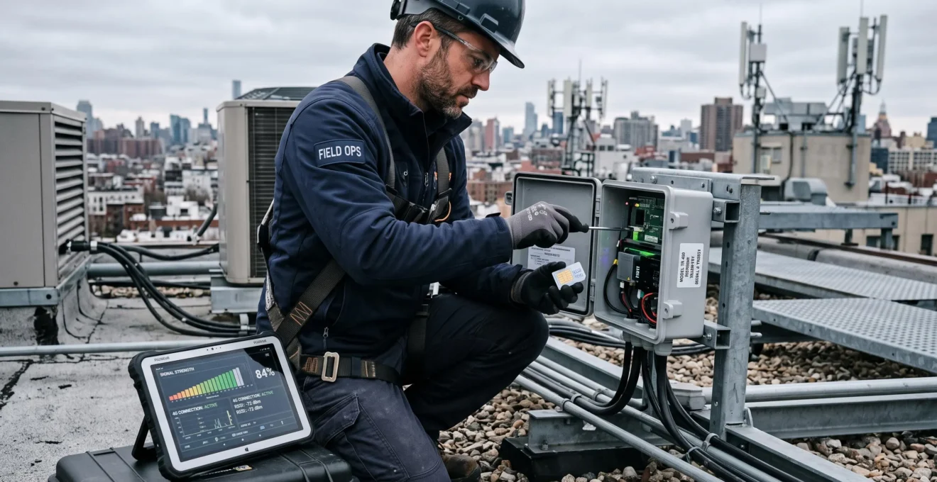 Un technicien installe un boîtier de télémesure connecté sur un toit industriel.